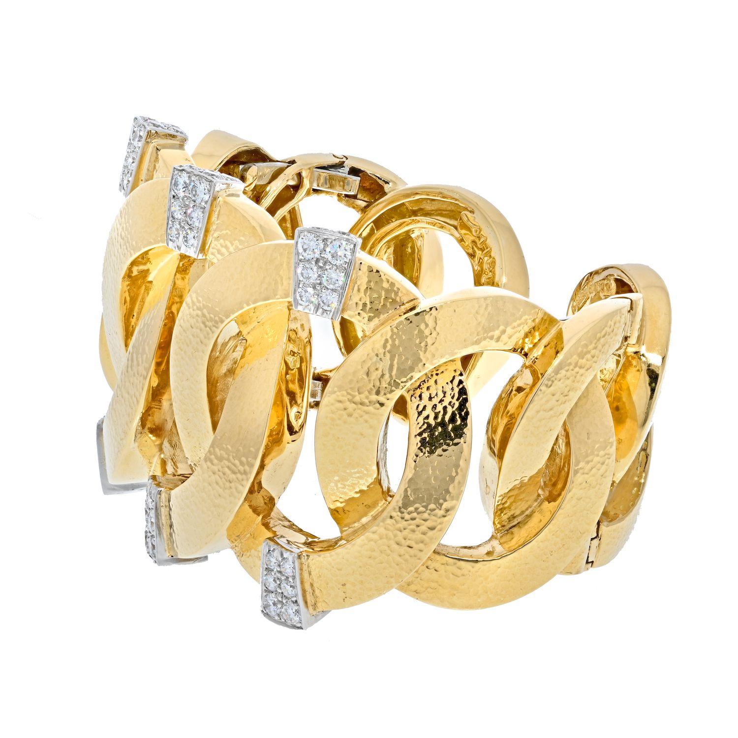 Women's David Webb Platinum & 18K Yellow Gold Hammered Diamond Open Link Cuff Bracelet For Sale