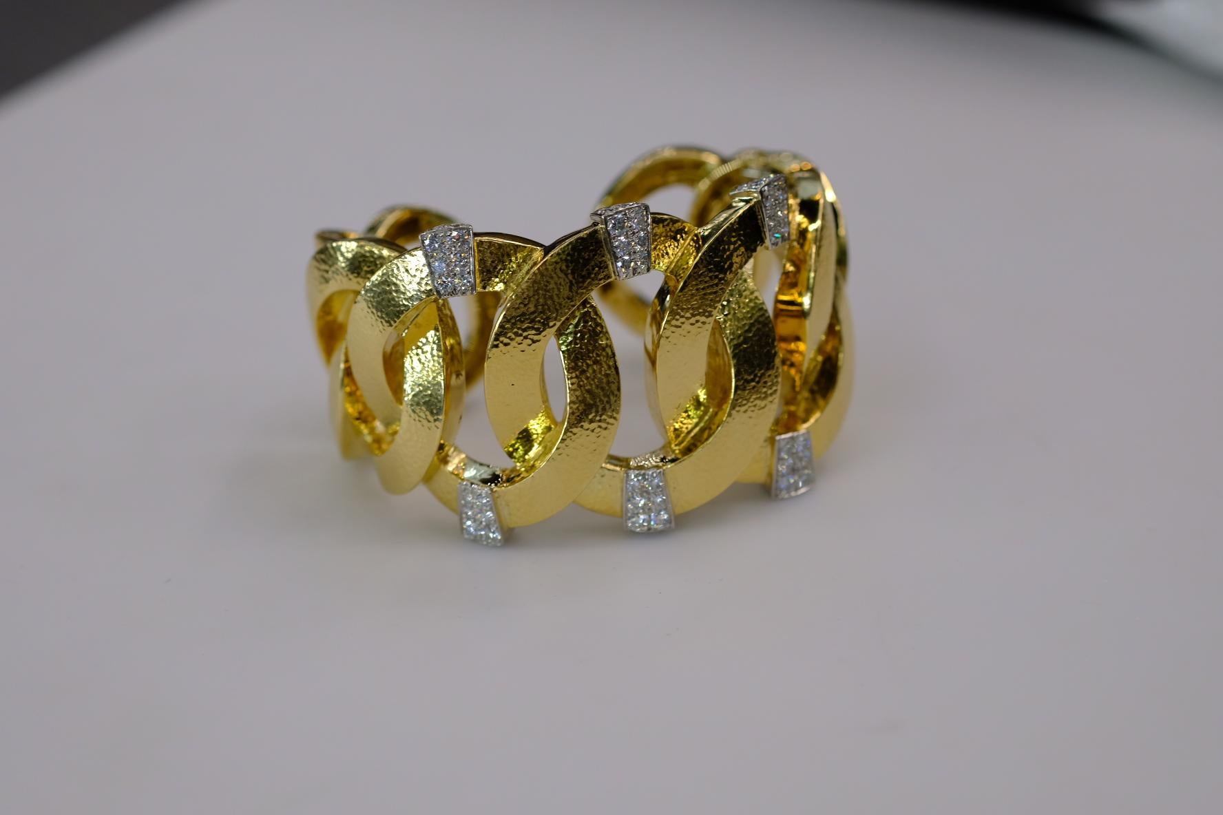 David Webb Platinum & 18K Yellow Gold Hammered Diamond Open Link Cuff Bracelet For Sale 1