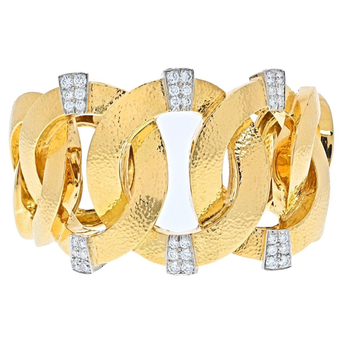 David Webb Platinum & 18K Yellow Gold Hammered Diamond Open Link Cuff Bracelet