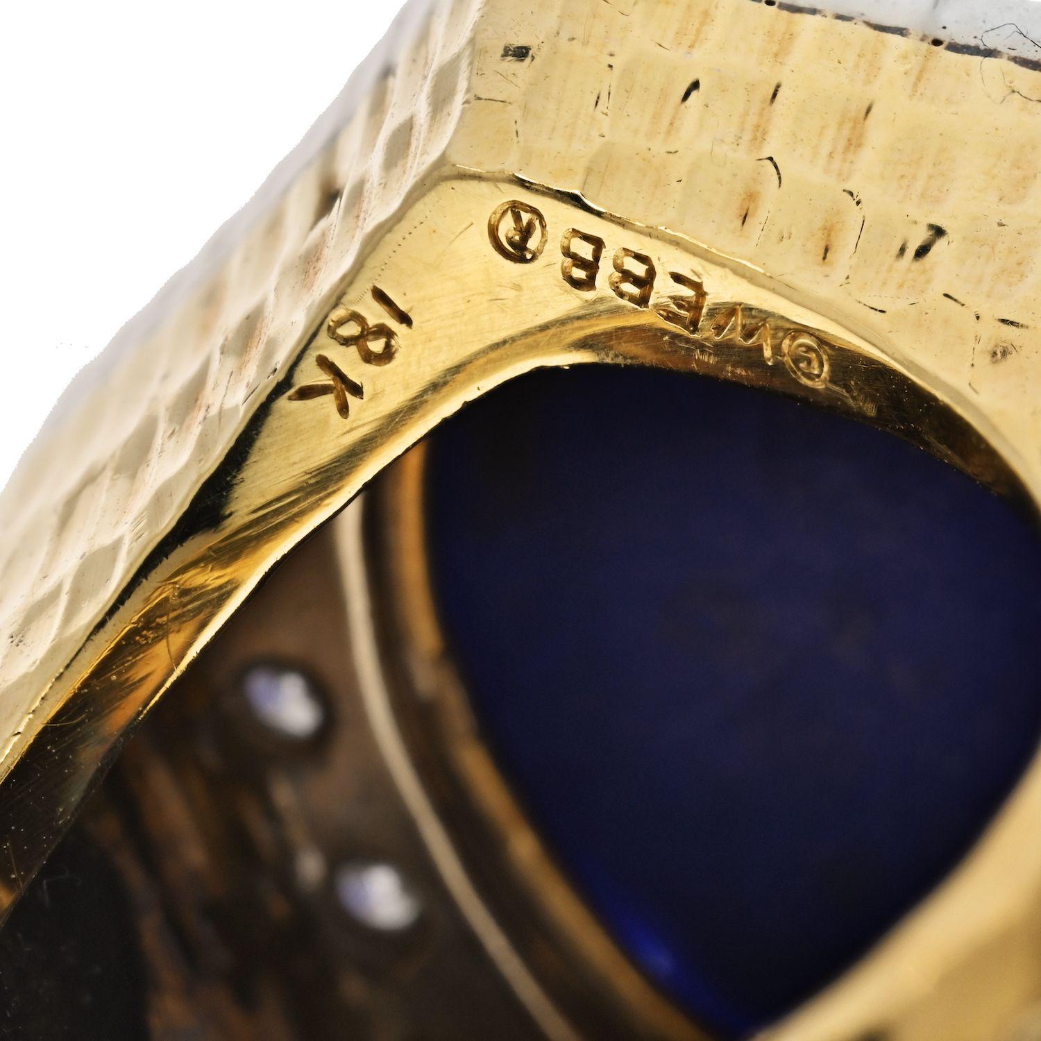 Modern David Webb Platinum & 18k Yellow Gold Hammered Finish, Carved Lapis and Diamond For Sale