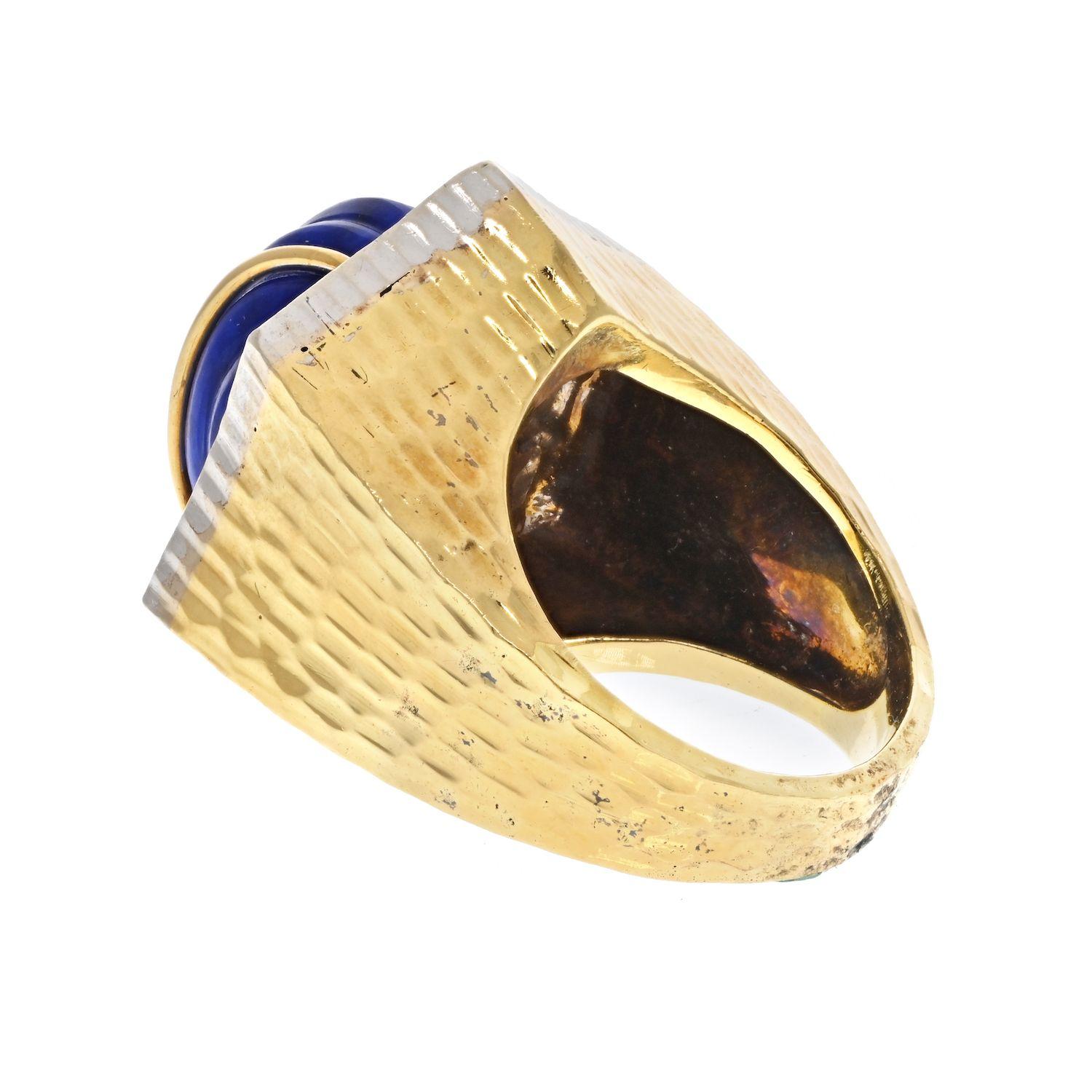 Round Cut David Webb Platinum & 18k Yellow Gold Hammered Finish, Carved Lapis and Diamond For Sale