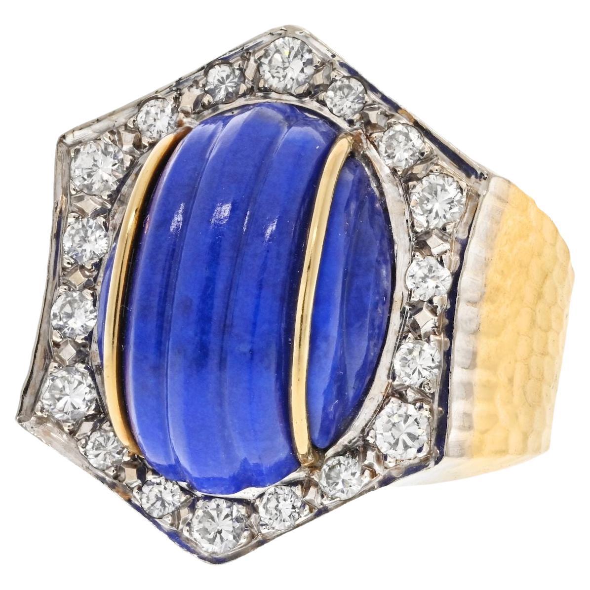David Webb Platinum & 18k Yellow Gold Hammered Finish, Carved Lapis and Diamond For Sale