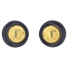 David Webb Platinum & 18K Yellow Gold Hammered GoldAndBlack Enamel Clip Earrings