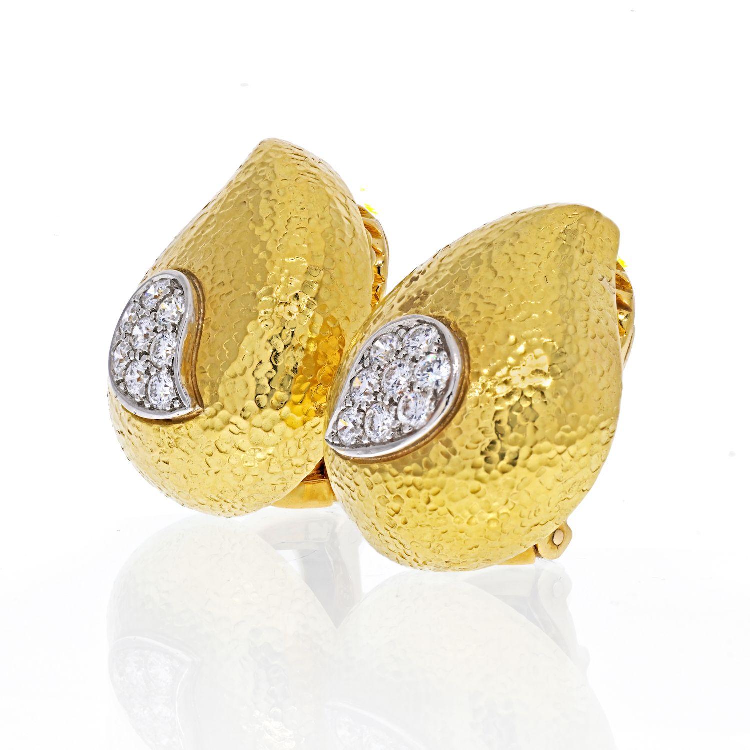 David Webb 18k yellow gold teardrop stud earrings. Features hammered yellow gold and a teardrop design with just a touch of round brilliant cut diamonds. 
Length: 25mm
Width: 20mm (at it's widest)
Wide and heavy omega backing. 
Posts can be added
