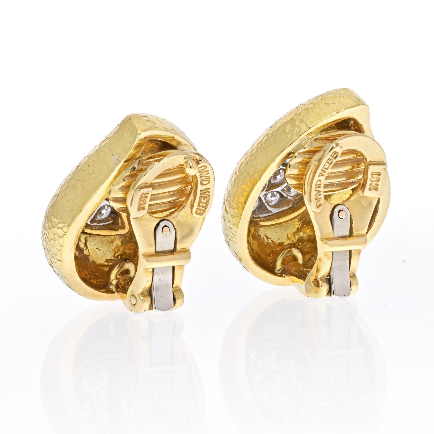 Modern David Webb Platinum & 18K Yellow Gold Hammered Teardrop, Diamond Earrings For Sale