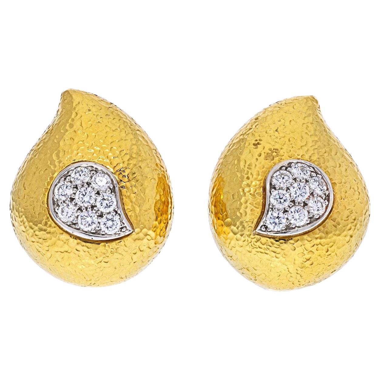 David Webb Platinum & 18K Yellow Gold Hammered Teardrop, Diamond Earrings