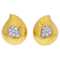 Vintage David Webb Platinum & 18K Yellow Gold Hammered Teardrop, Diamond Earrings