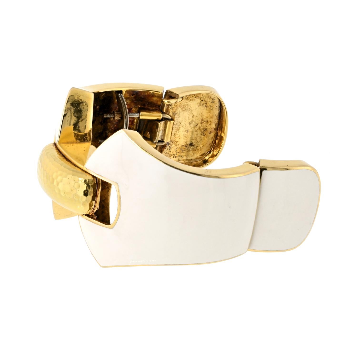 David Webb Platinum & 18k Yellow Gold Ivory White Enamel Diamond Cuff In Excellent Condition For Sale In New York, NY