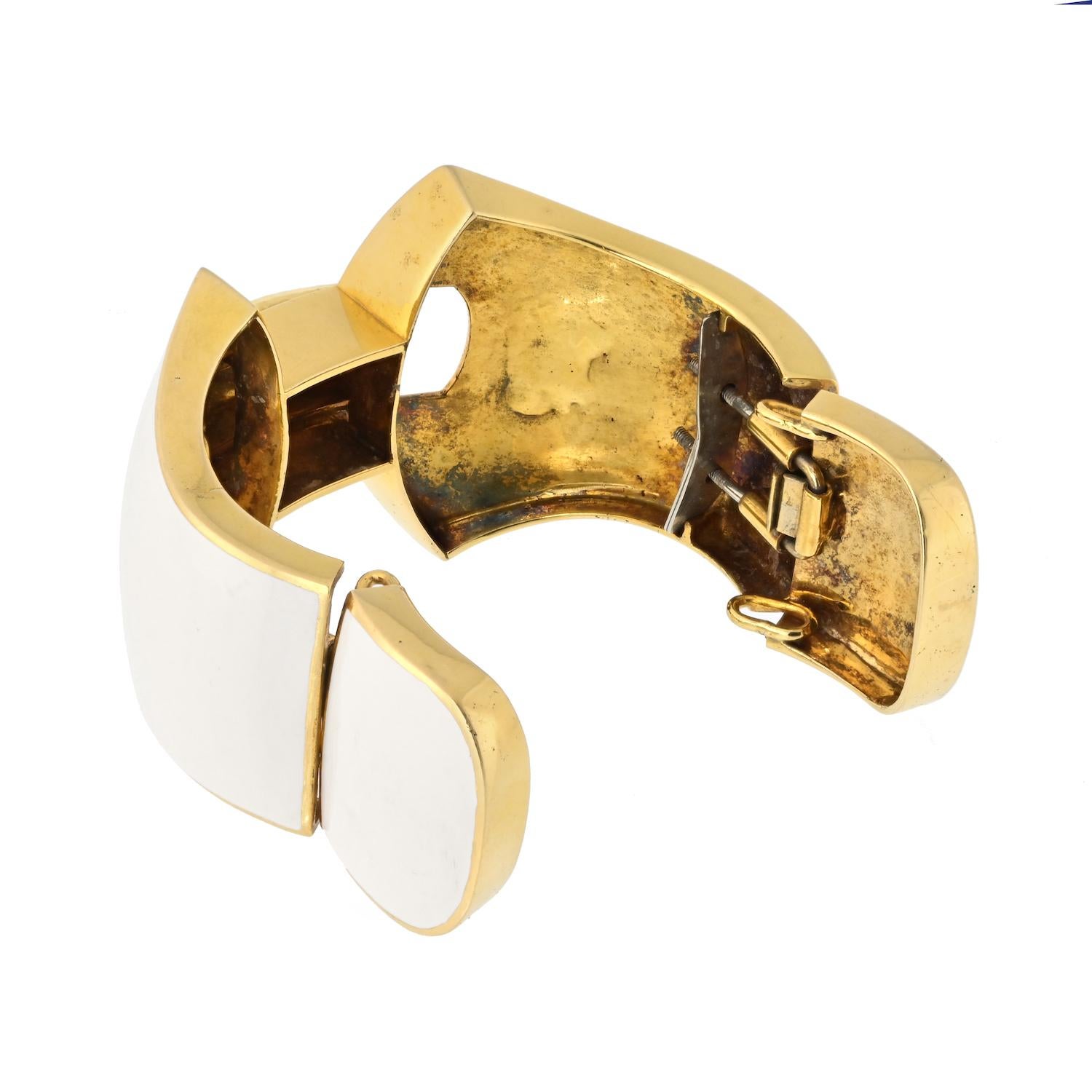 Women's David Webb Platinum & 18k Yellow Gold Ivory White Enamel Diamond Cuff For Sale