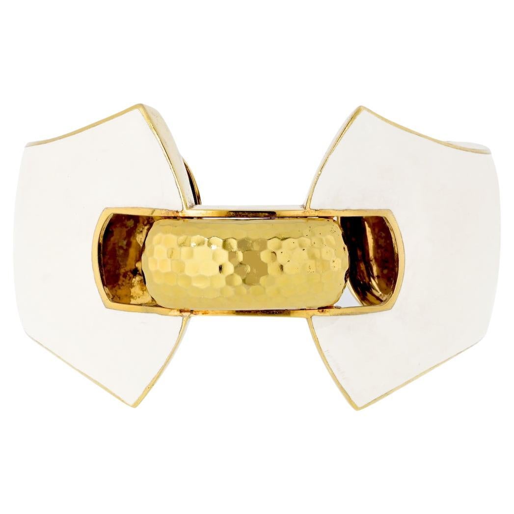 David Webb Platinum & 18k Yellow Gold Ivory White Enamel Diamond Cuff For Sale