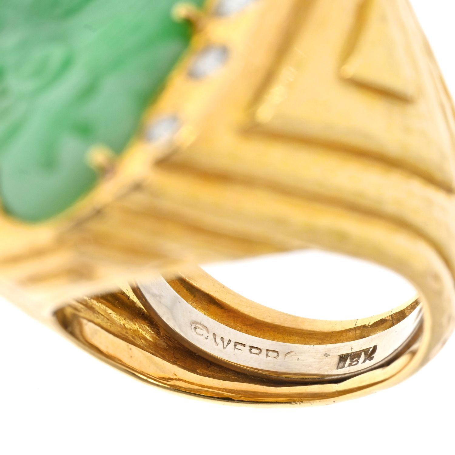 Modern David Webb Platinum & 18K Yellow Gold Jade Diamond Hammered Ring For Sale