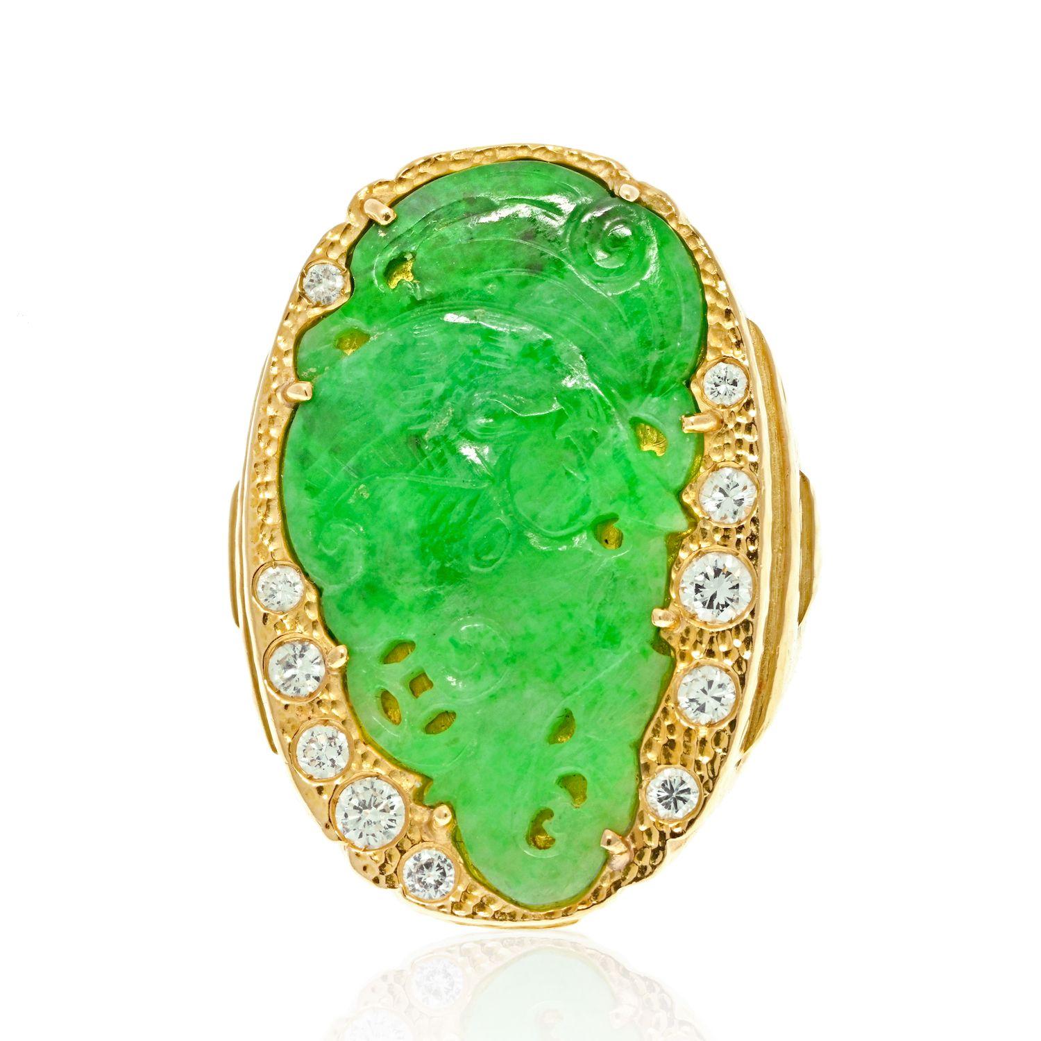 Round Cut David Webb Platinum & 18K Yellow Gold Jade Diamond Hammered Ring For Sale