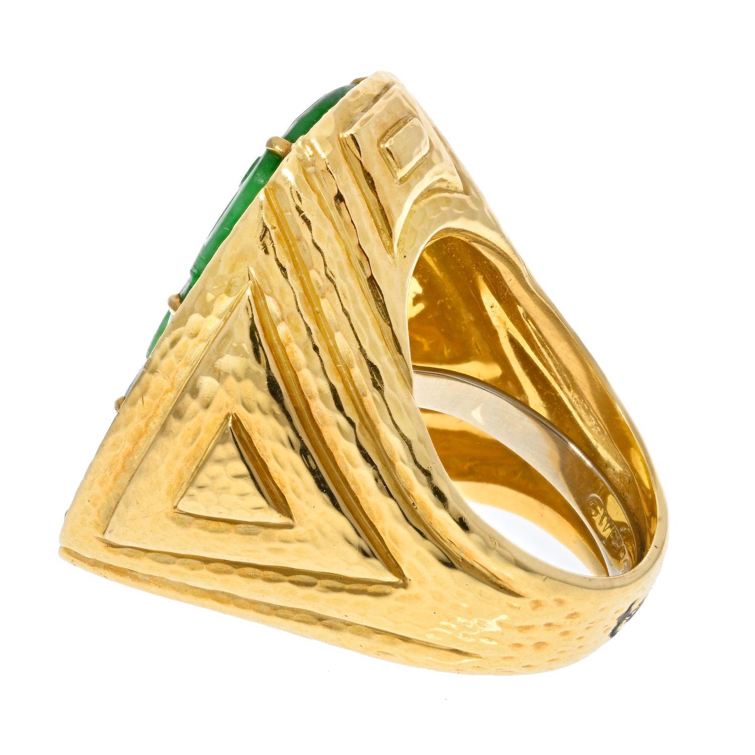Women's David Webb Platinum & 18K Yellow Gold Jade Diamond Hammered Ring For Sale