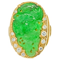 David Webb Platinum & 18K Yellow Gold Jade Diamond Hammered Ring