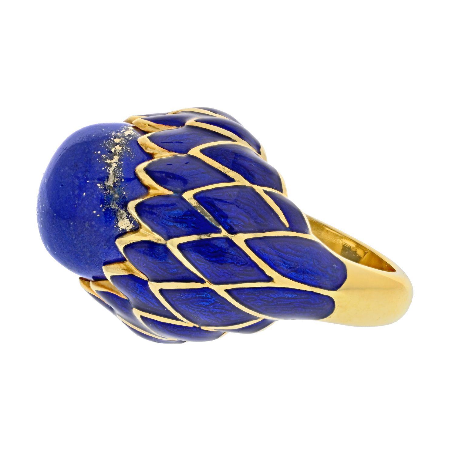 David Webb Platinum & 18k Yellow Gold Lapis and Blue Enamel Ring In Excellent Condition For Sale In New York, NY