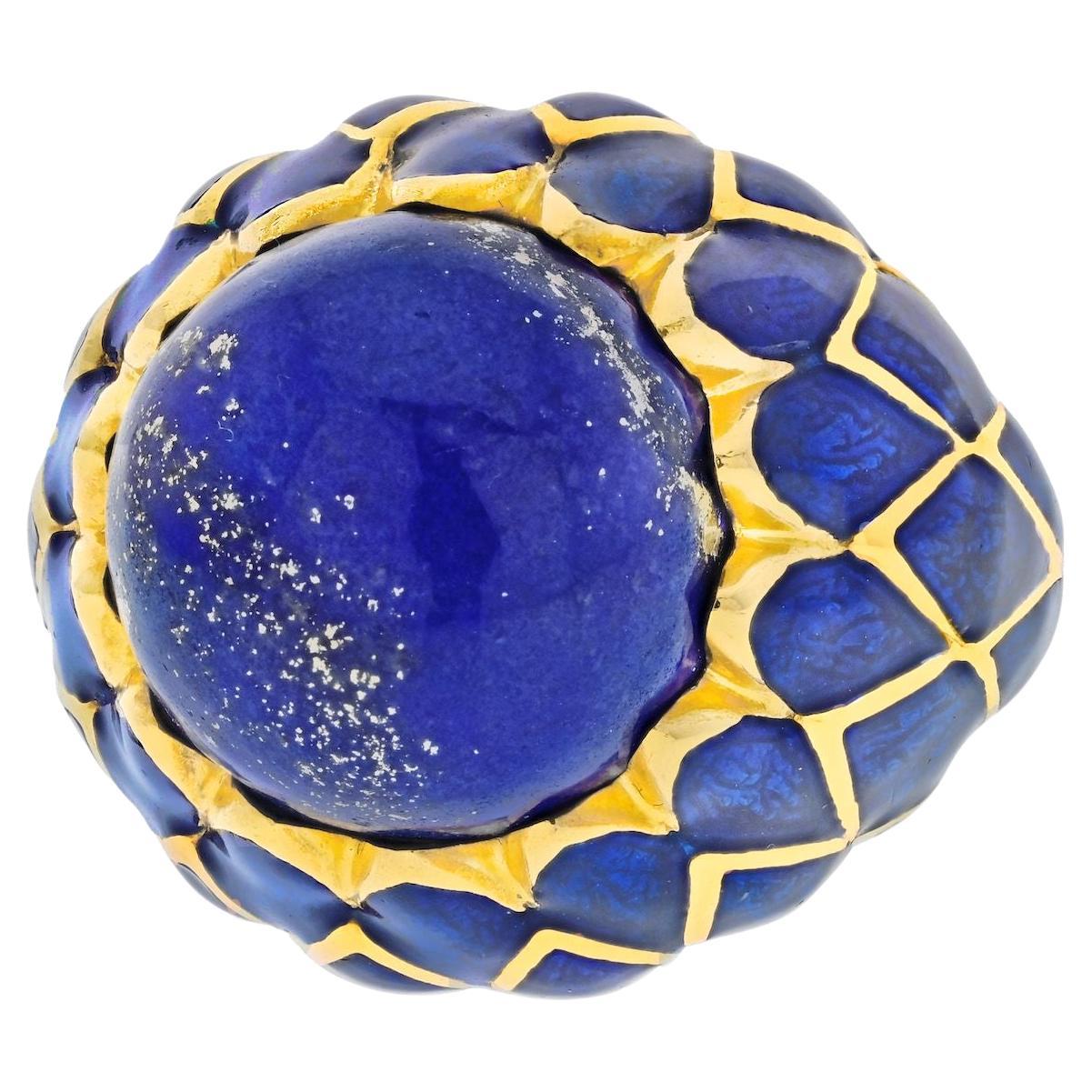 David Webb Platinum & 18k Yellow Gold Lapis and Blue Enamel Ring