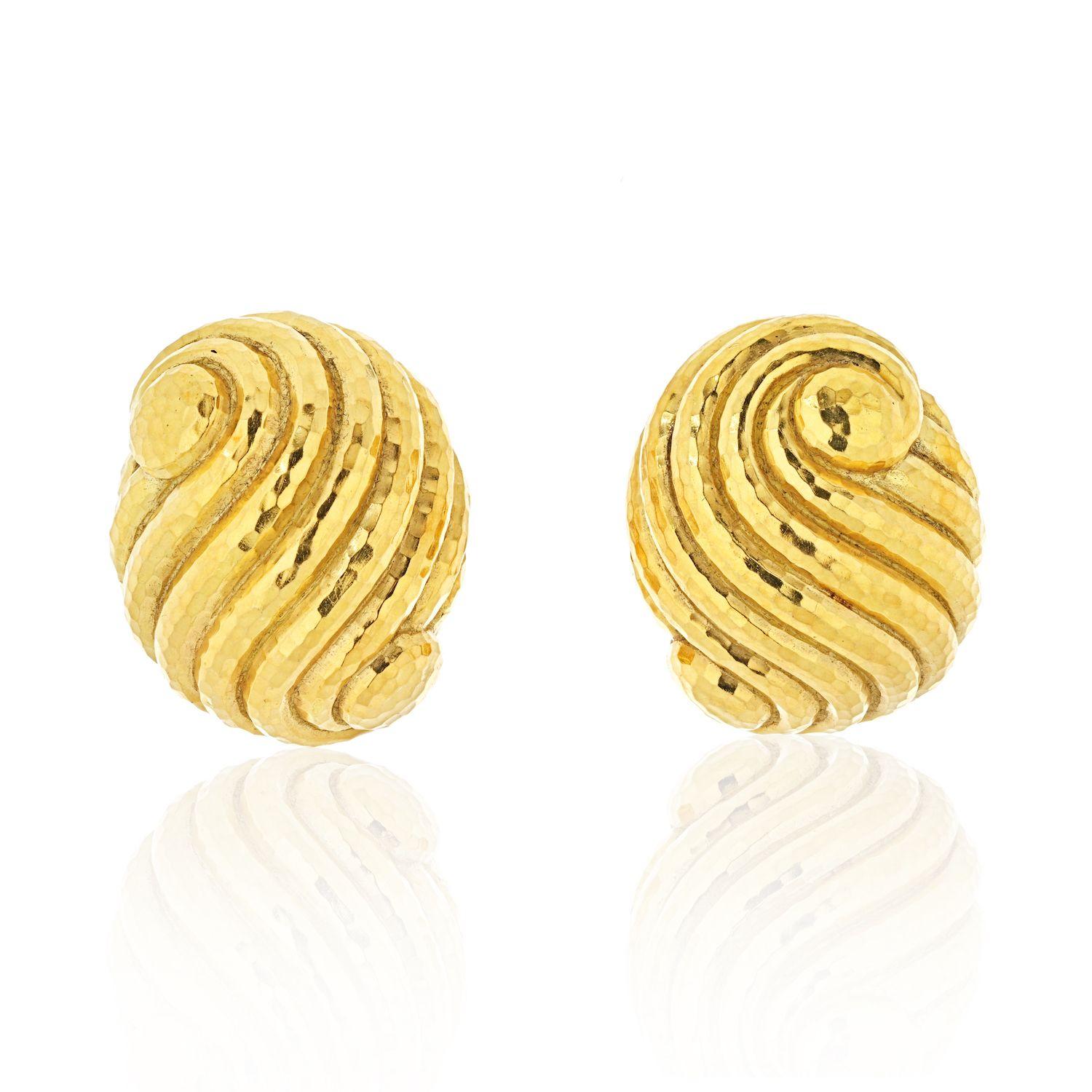 Women's David Webb Platinum & 18k Yellow Gold Large Hammered Swirl Earrings