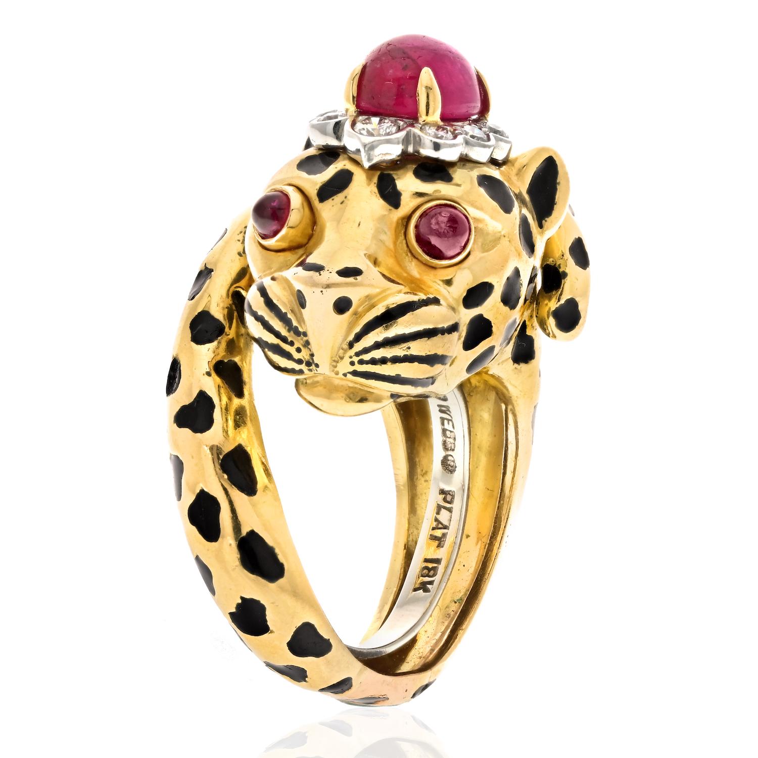David Webb Platinum & 18k Yellow Gold Leopard Cabochon Ruby Ring 3