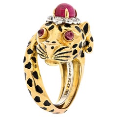 David Webb Platinum & 18k Yellow Gold Leopard Cabochon Ruby Ring