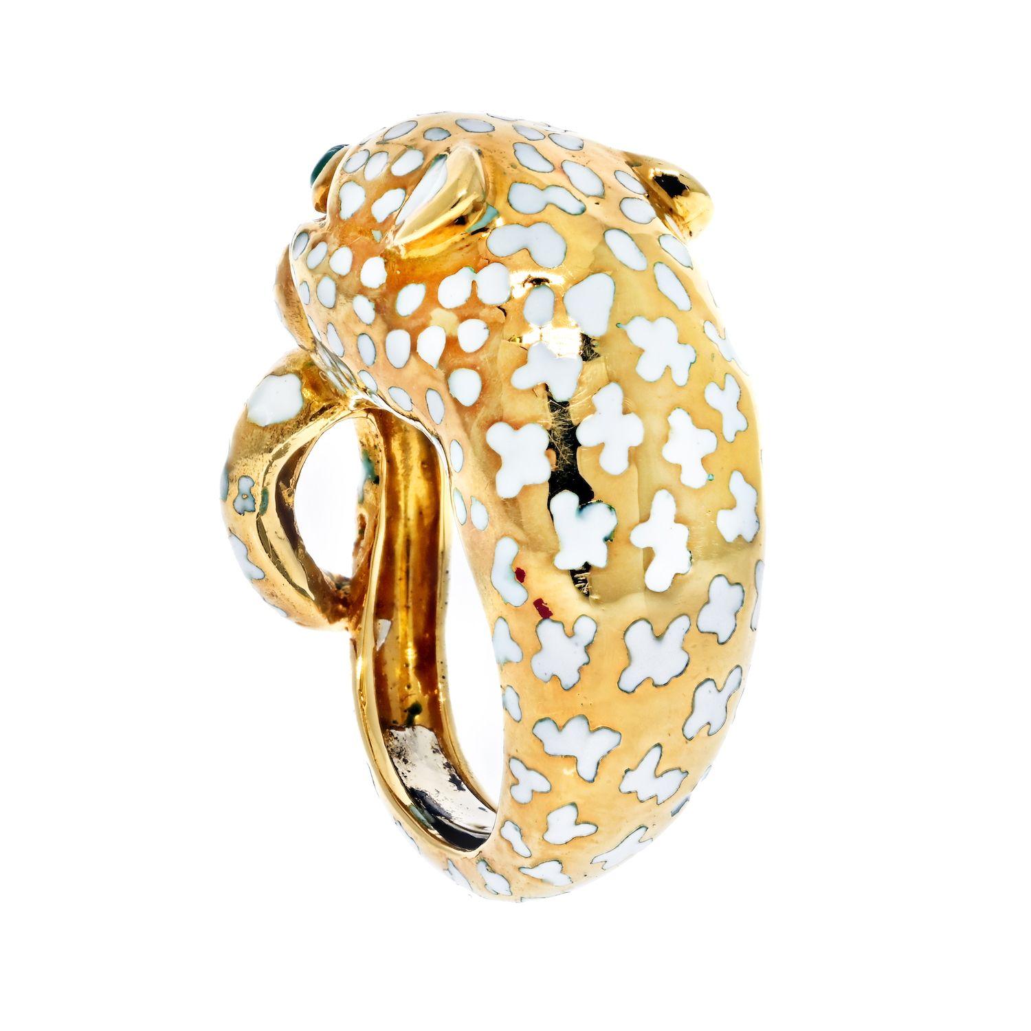 Modern David Webb Platinum & 18k Yellow Gold Leopard with White Enamel Ring For Sale