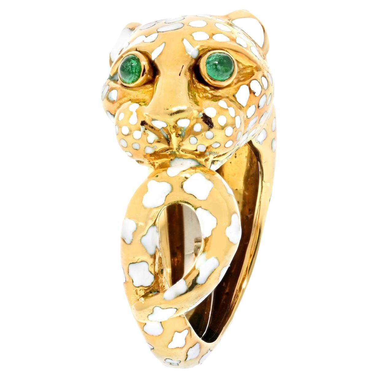 David Webb Platinum & 18k Yellow Gold Leopard with White Enamel Ring