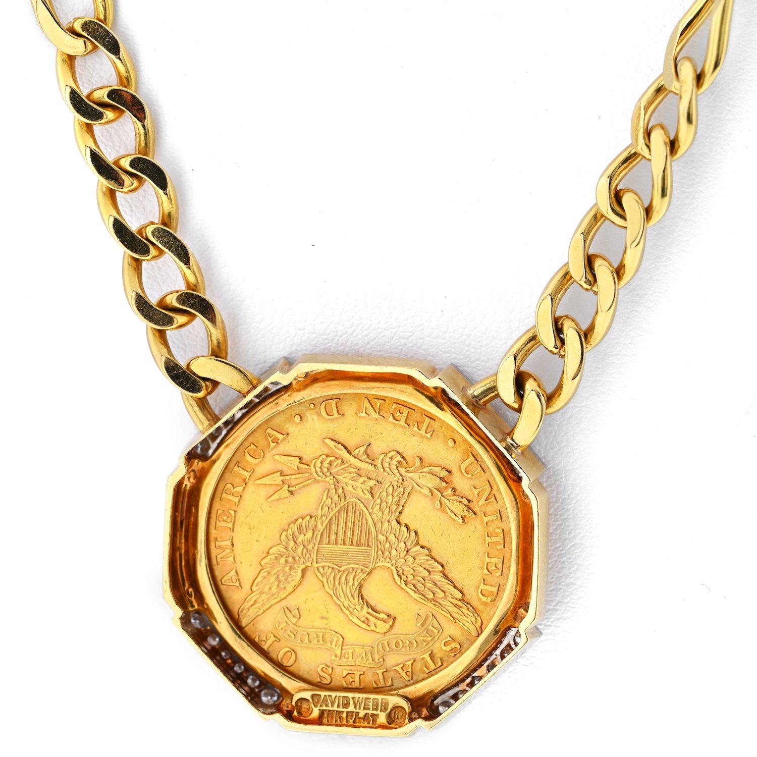 Round Cut David Webb Platinum & 18K Yellow Gold Liberty Head Coin Necklace For Sale