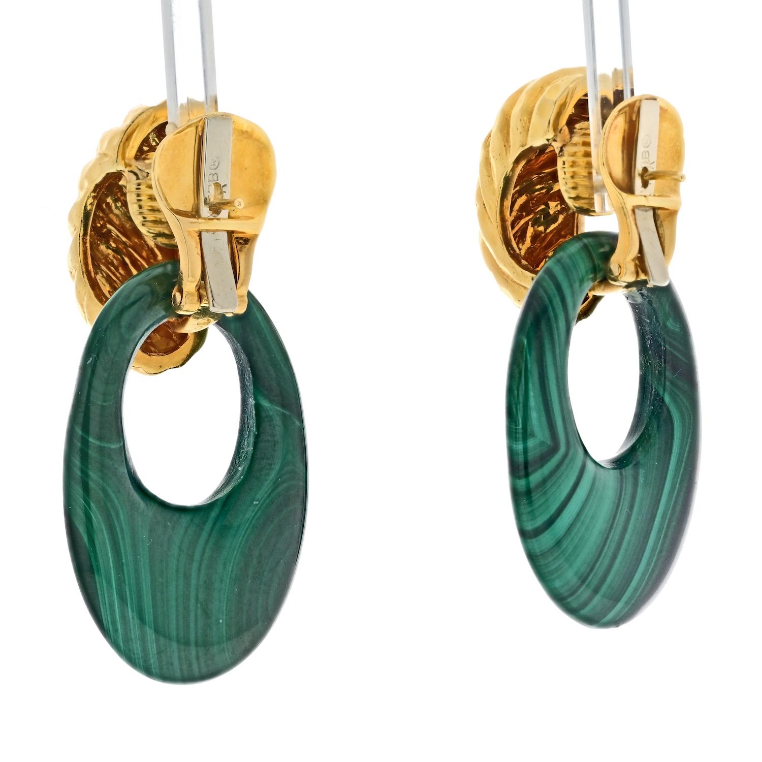 Modern David Webb Platinum & 18K Yellow Gold Malachite Door Knockers Earrings For Sale