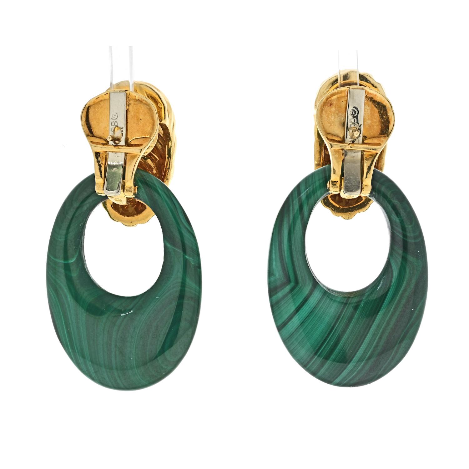 Round Cut David Webb Platinum & 18K Yellow Gold Malachite Door Knockers Earrings For Sale
