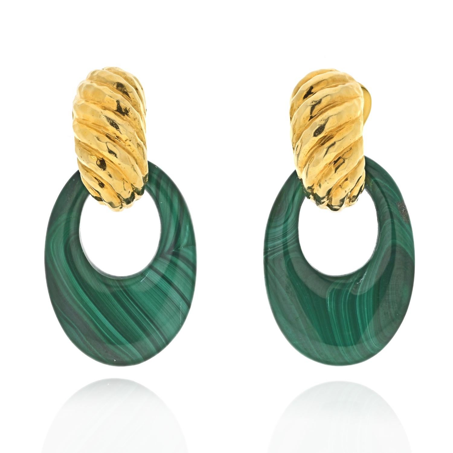 David Webb Platinum & 18K Yellow Gold Malachite Door Knockers Earrings In Excellent Condition For Sale In New York, NY