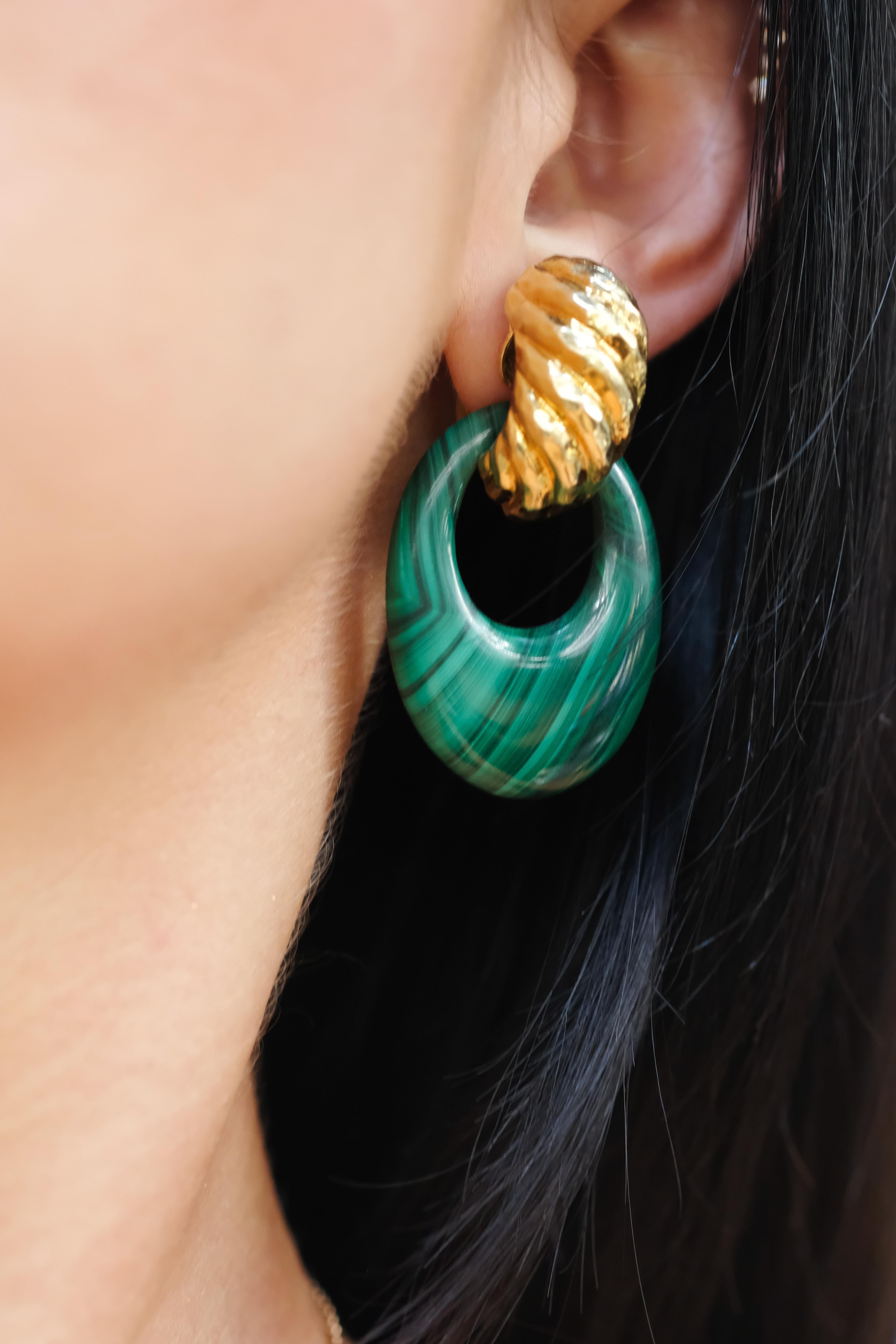 Women's David Webb Platinum & 18K Yellow Gold Malachite Door Knockers Earrings For Sale