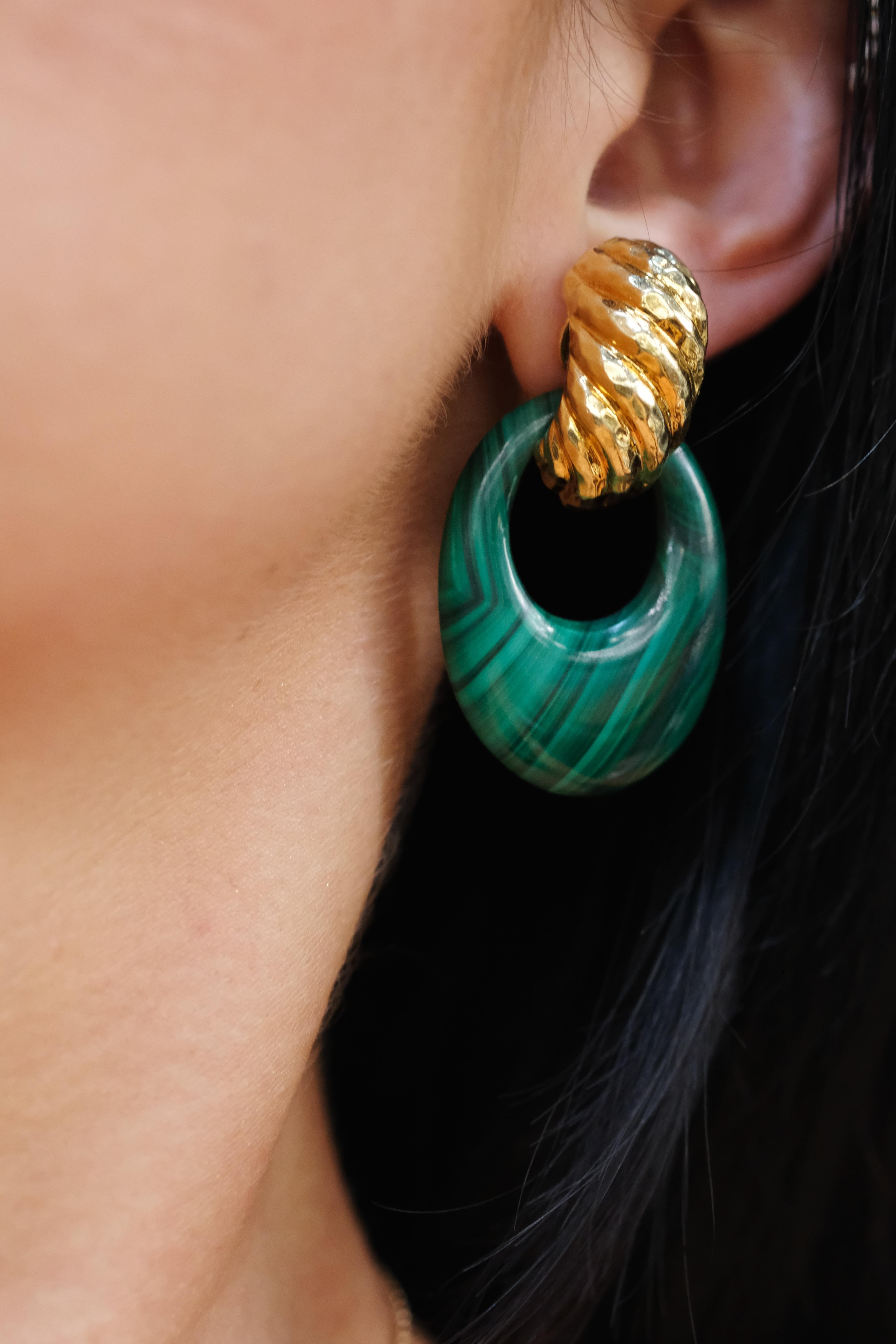 David Webb Platinum & 18K Yellow Gold Malachite Door Knockers Earrings For Sale 1