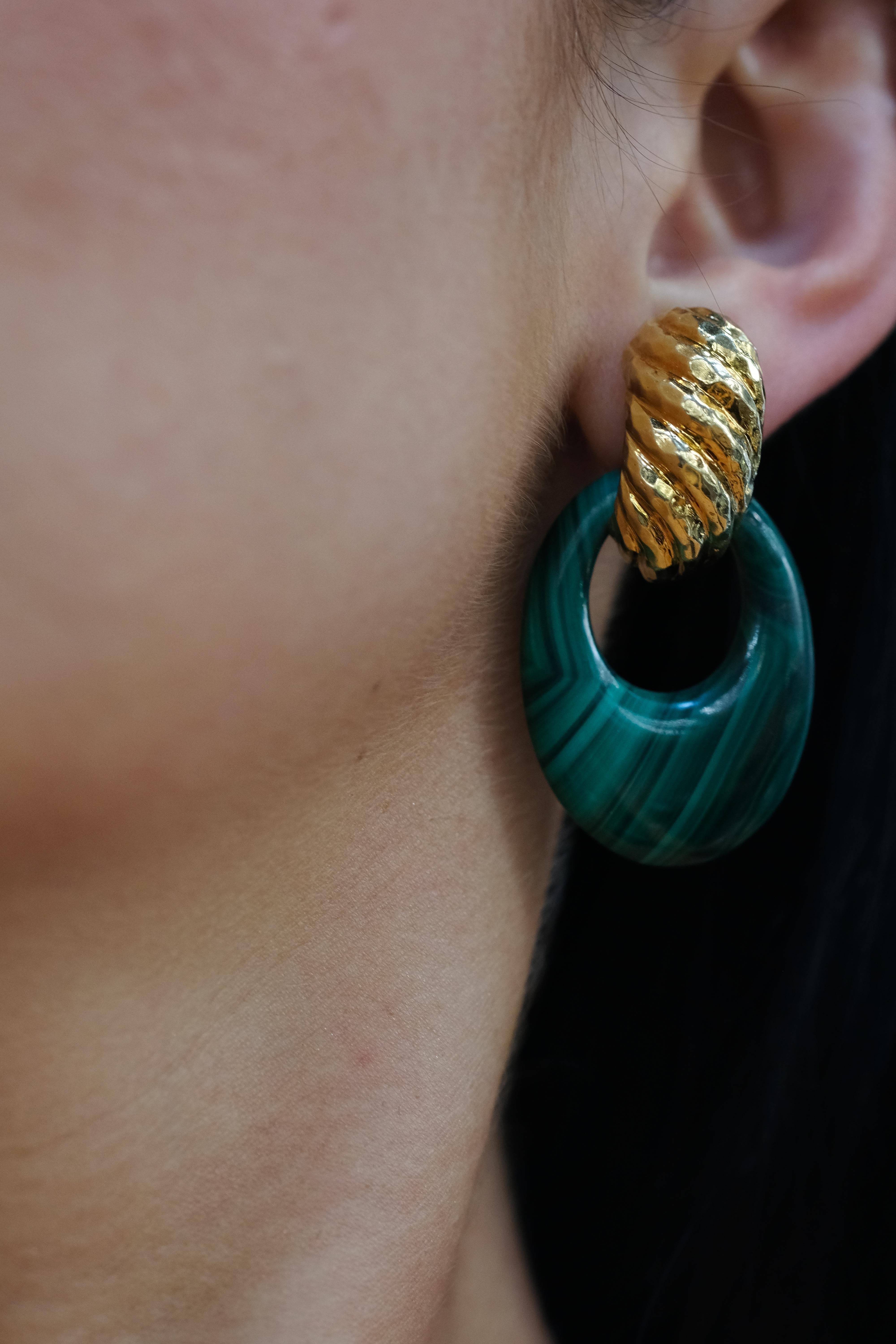 David Webb Platinum & 18K Yellow Gold Malachite Door Knockers Earrings For Sale 2