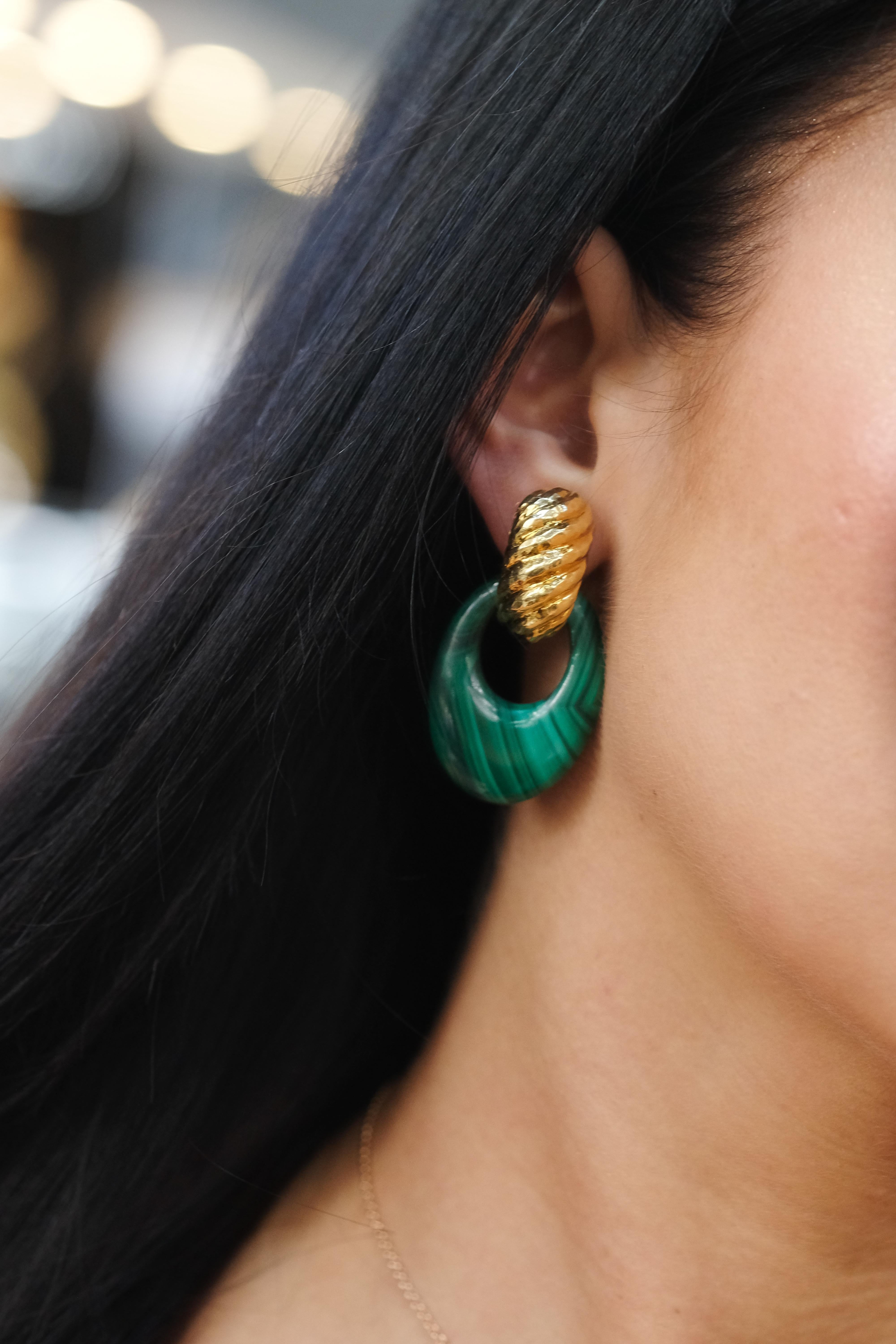 David Webb Platinum & 18K Yellow Gold Malachite Door Knockers Earrings For Sale 3