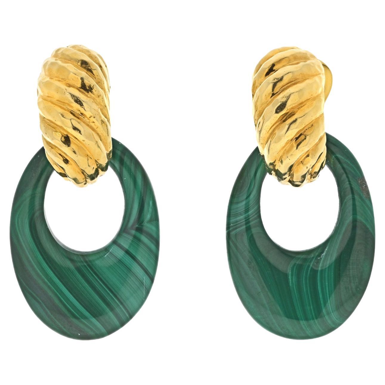 David Webb Platinum & 18K Yellow Gold Malachite Door Knockers Earrings For Sale