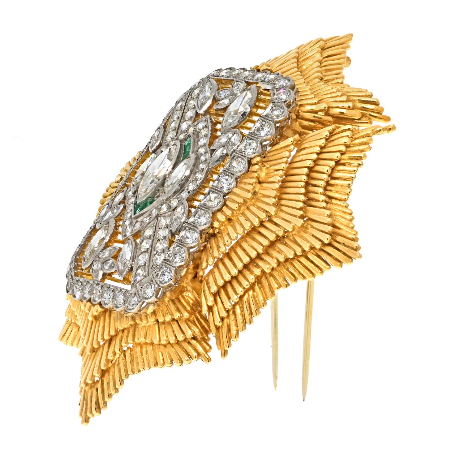 Art Deco David Webb Platinum & 18K Yellow Gold Maltese Diamond And Emerald Brooch For Sale