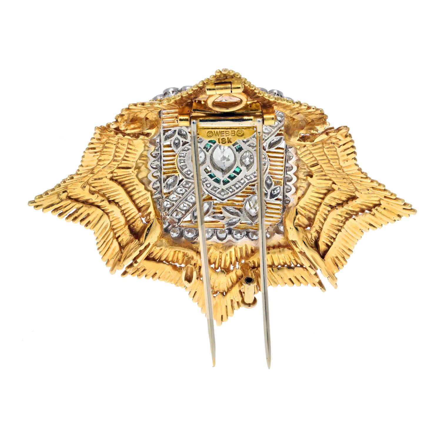 David Webb Platinum & 18K Yellow Gold Maltese Diamond And Emerald Brooch In Excellent Condition For Sale In New York, NY