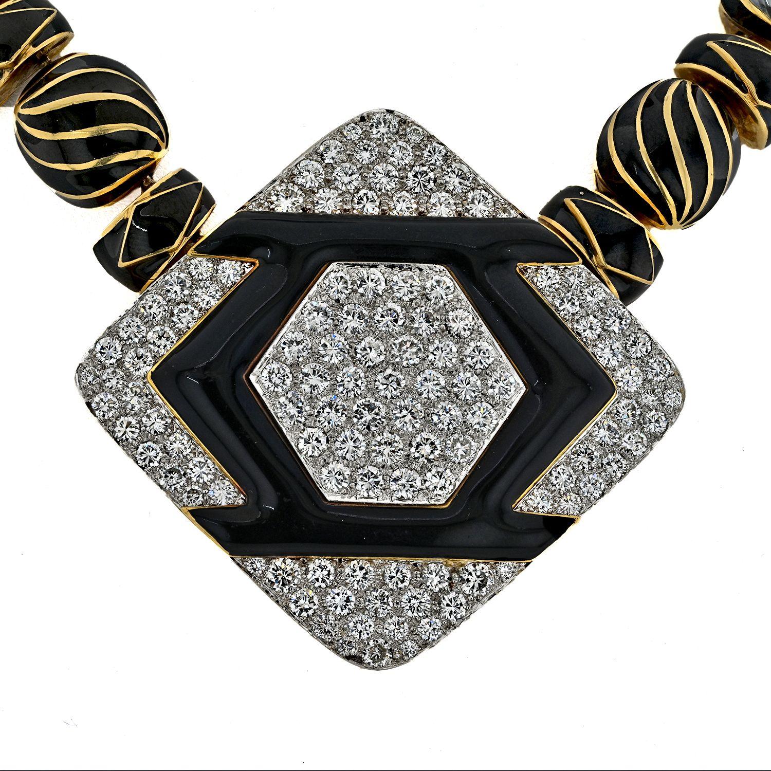Moderne David Webb Collier Manhattan minimaliste en platine et or jaune 18 carats avec émail et diamants en vente