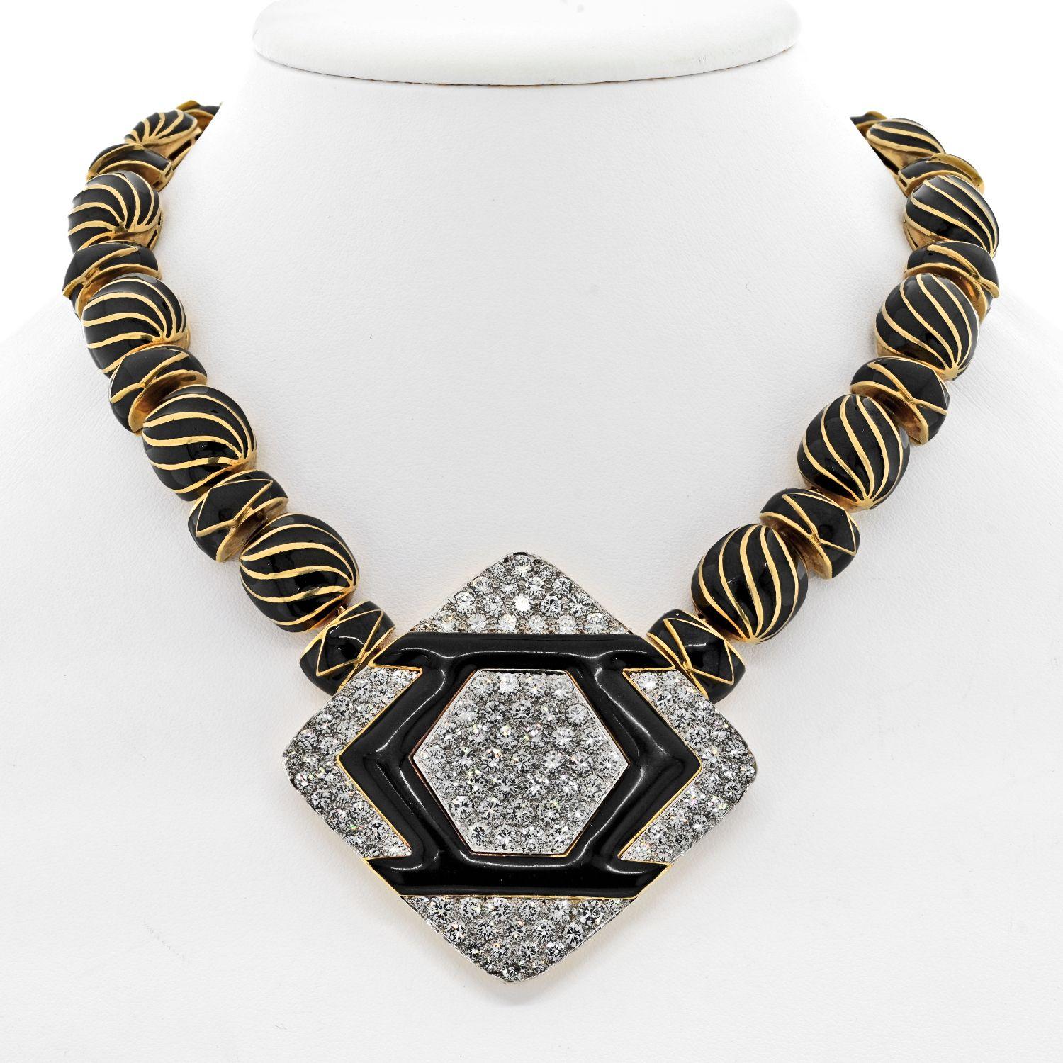 David Webb Collier Manhattan minimaliste en platine et or jaune 18 carats avec émail et diamants Pour femmes en vente