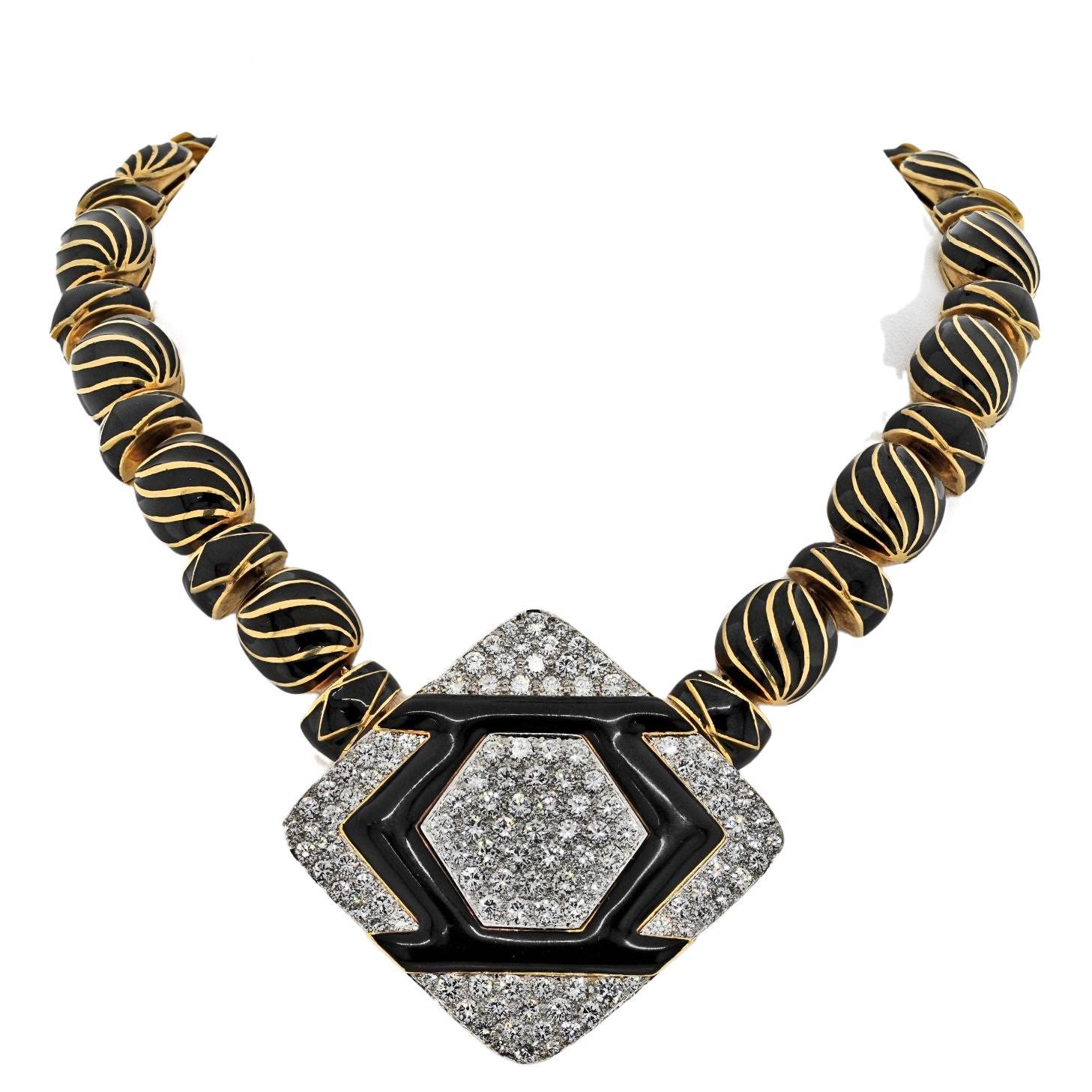 David Webb Collier Manhattan minimaliste en platine et or jaune 18 carats avec émail et diamants