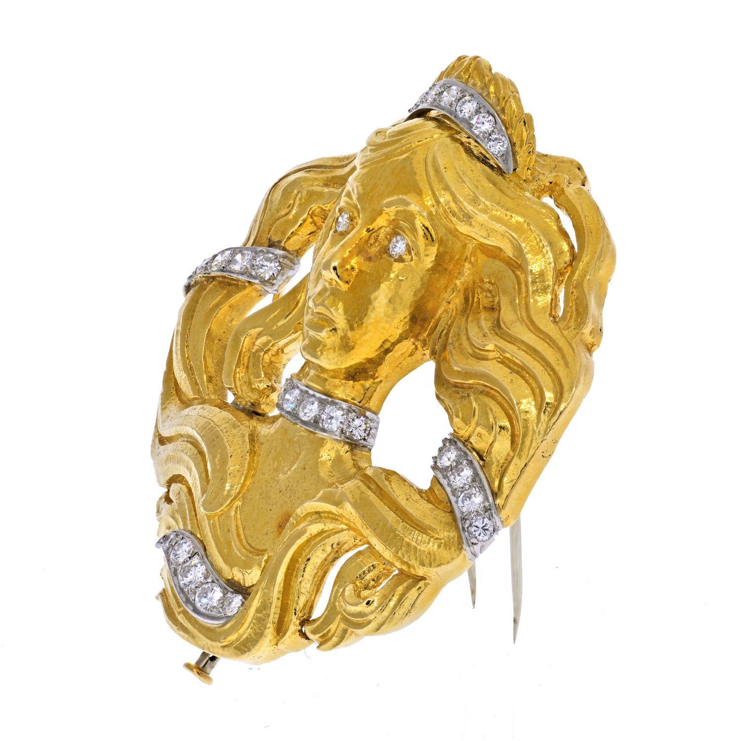 David Webb 18K Yellow Gold Medusa Diamond Pendant Brooch.
Vintage 18K yellow gold platinum and diamond pendant brooch by David Webb. 
Approximate Measurements: 
Length: 2.4 inches
Width: 2.2 inches
Double pin closure. 
