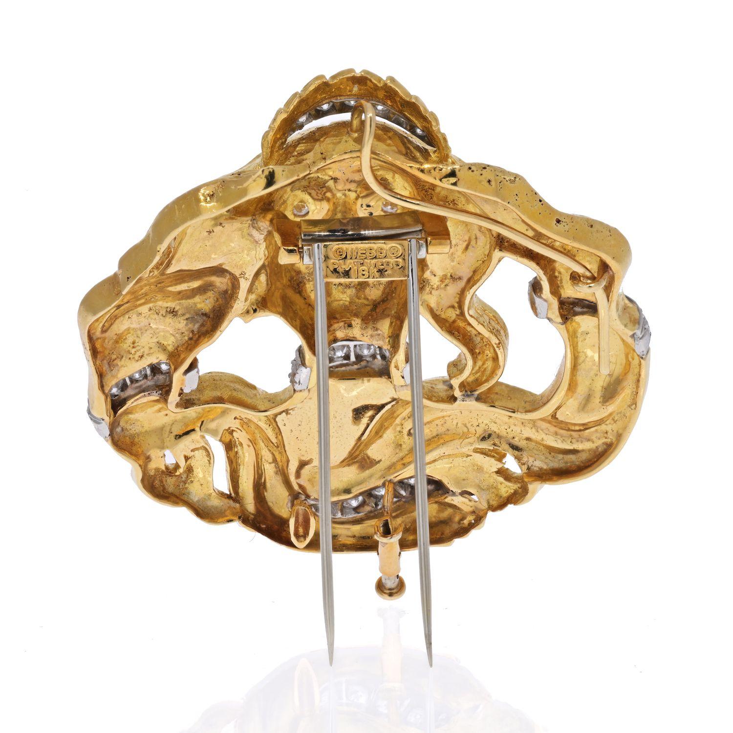 Round Cut David Webb Platinum & 18k Yellow Gold Medusa Diamond Pendant Brooch