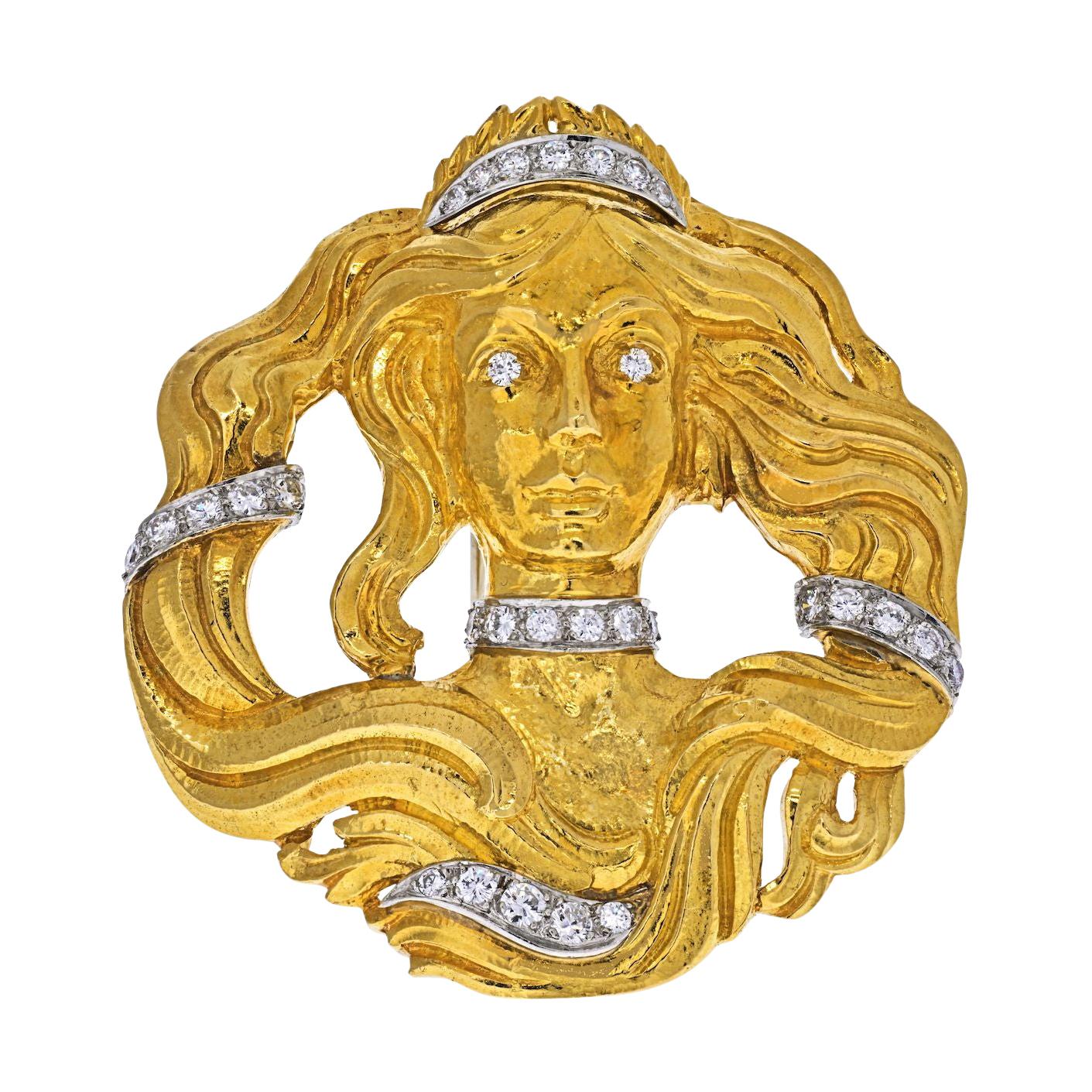 David Webb Platinum & 18k Yellow Gold Medusa Diamond Pendant Brooch