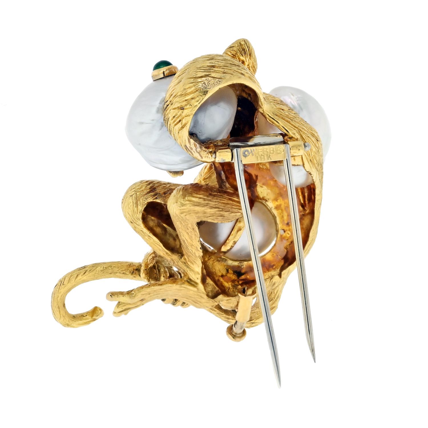Modern David Webb Platinum & 18K Yellow Gold Monkey On A Pearl And Emerald Eyes Brooch For Sale