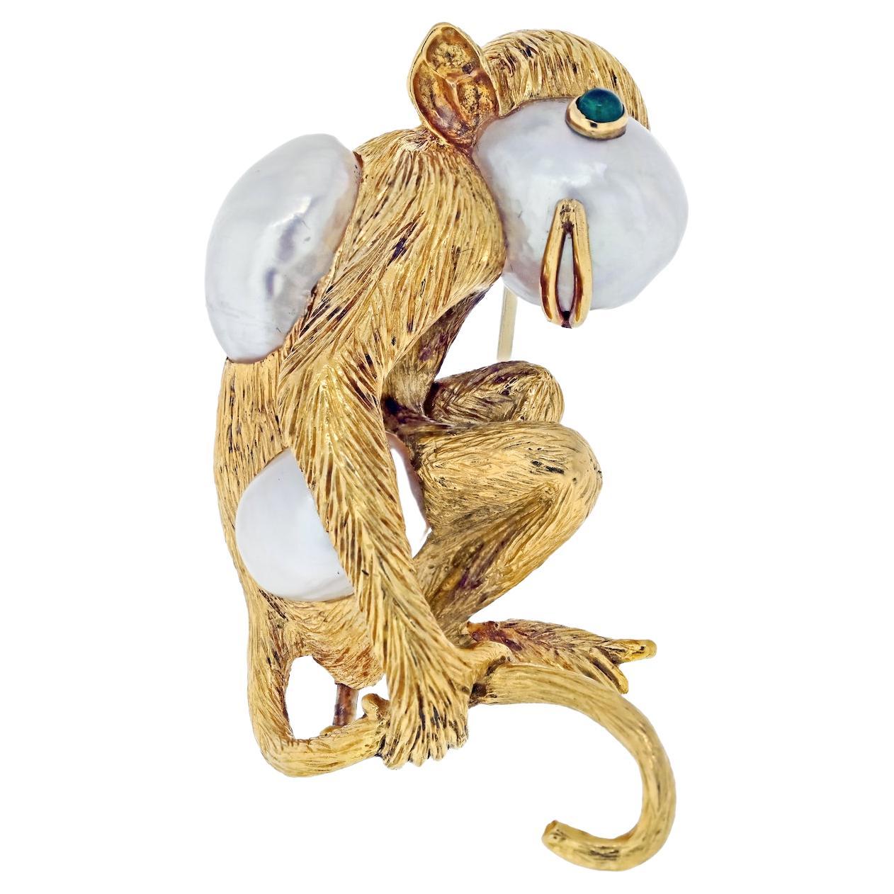 David Webb Platinum & 18K Yellow Gold Monkey On A Pearl And Emerald Eyes Brooch For Sale