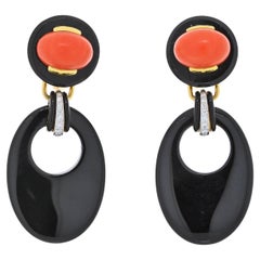 David Webb Platinum & 18k Yellow Gold Onyx and Coral Drop Door Knocker Earrings