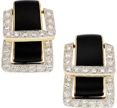 David Webb Platinum & 18k Yellow Gold Onyx Diamond Doorknocker "Strap" Earrings