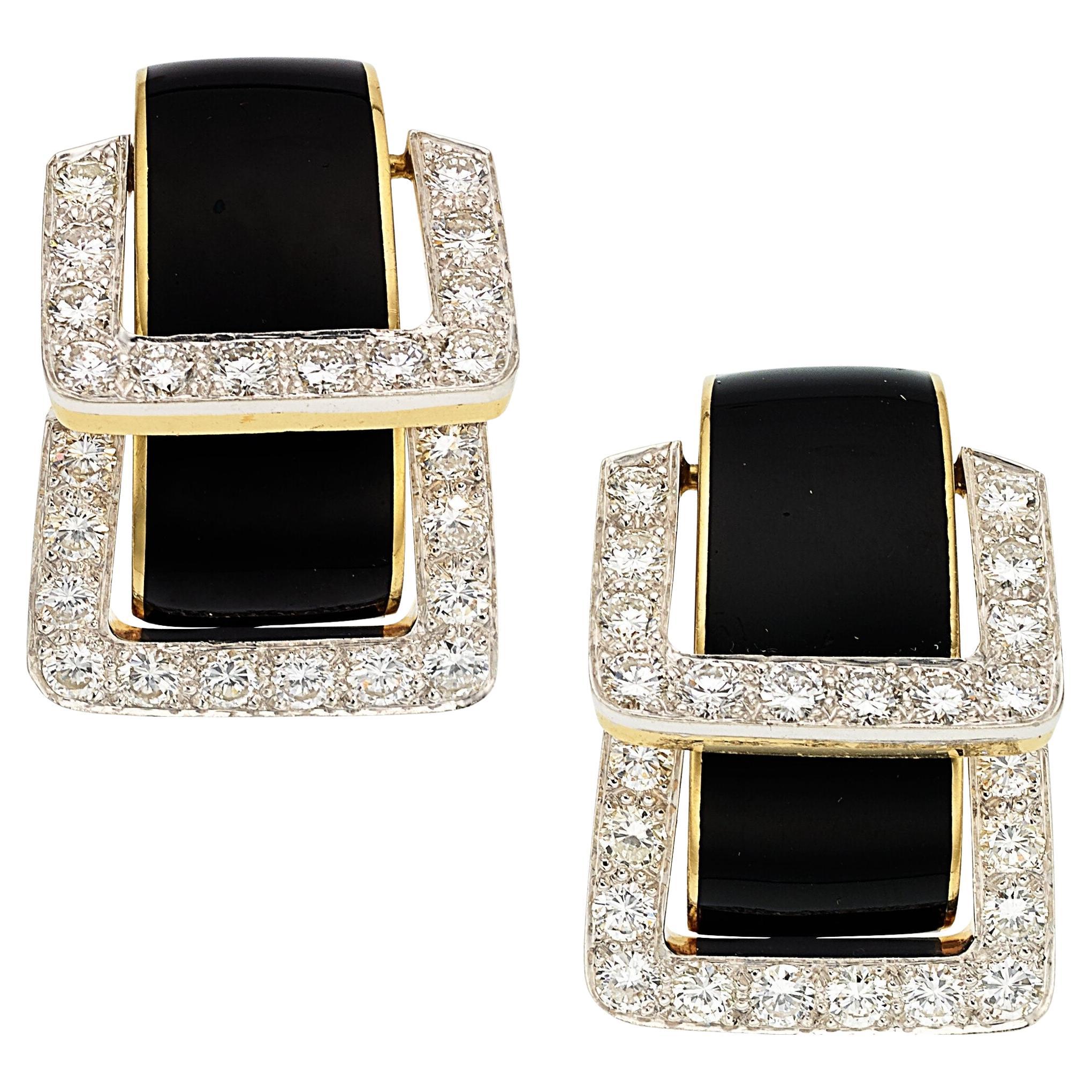 David Webb Platinum & 18k Yellow Gold Onyx Diamond Doorknocker "Strap" Earrings