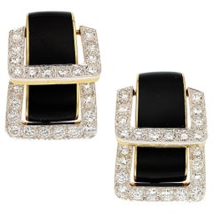 David Webb Platinum & 18k Yellow Gold Onyx Diamond Doorknocker "Strap" Earrings