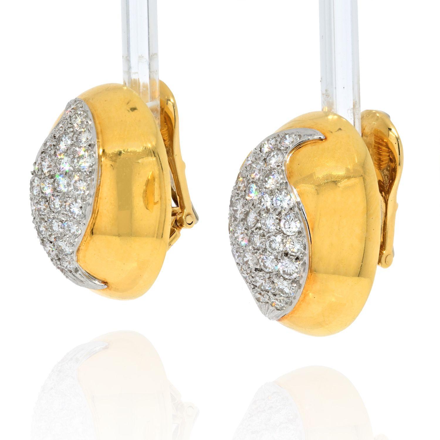 Modern David Webb Platinum & 18K Yellow Gold Oval Bombe Pave Diamond Earrings For Sale