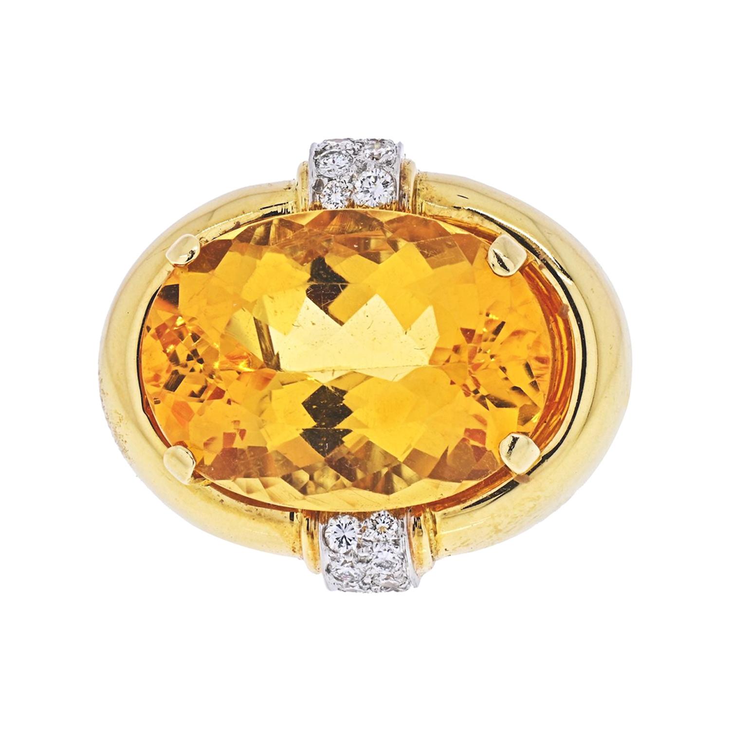 David Webb Platinum & 18K Yellow Gold Oval Citrine and Diamond Ring